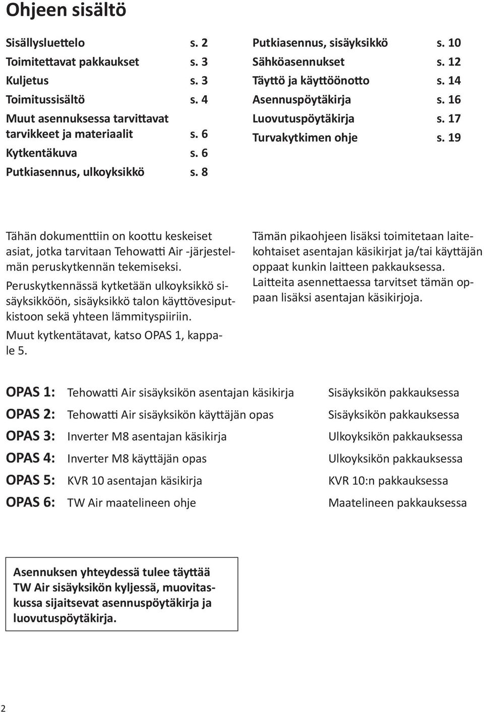 19 Tähän dokumenttiin on koottu keskeiset asiat, jotka tarvitaan Tehowatti Air -järjestelmän peruskytkennän tekemiseksi.