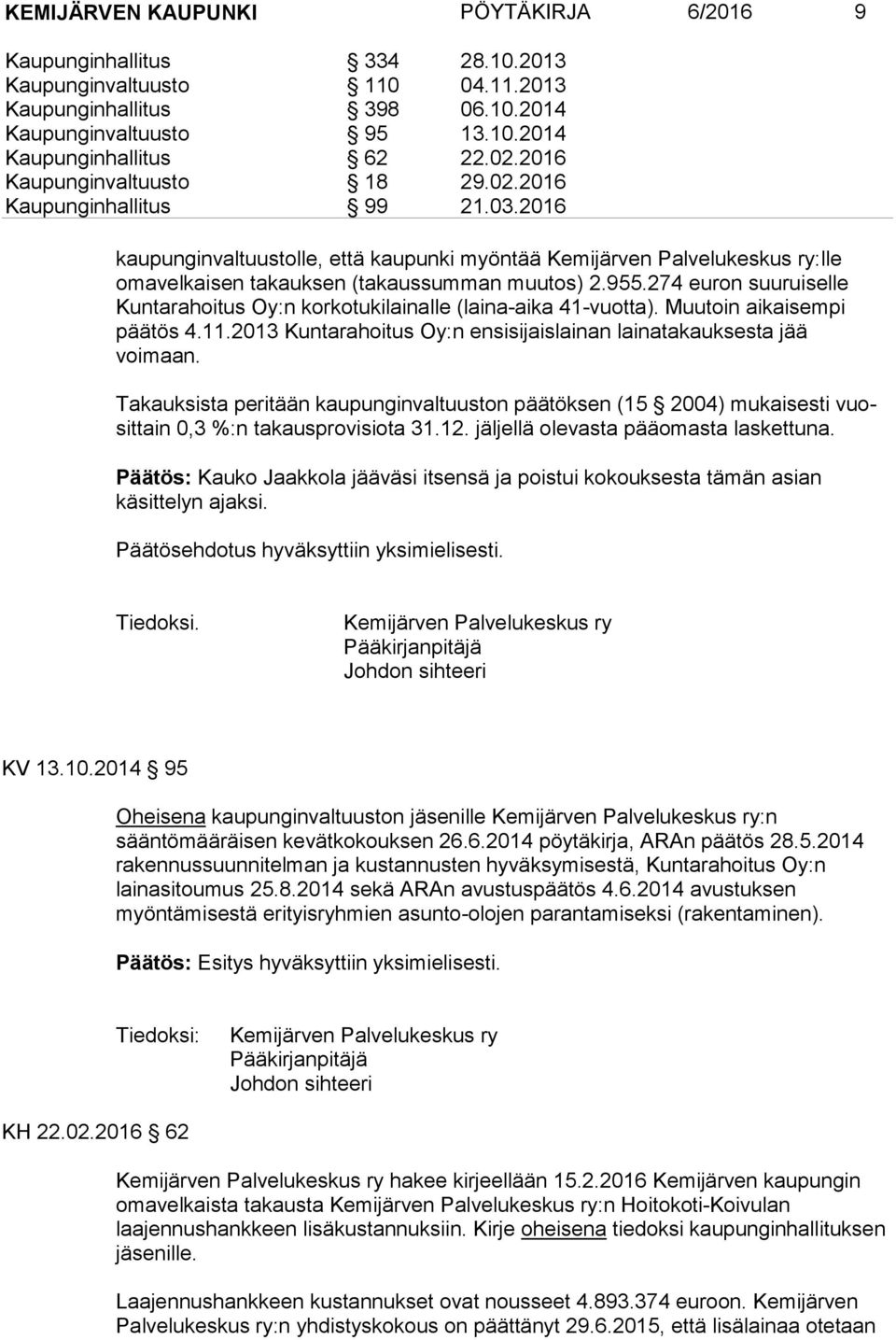 274 euron suuruiselle Kuntarahoitus Oy:n korkotukilainalle (laina-aika 41-vuotta). Muutoin aikaisempi päätös 4.11.2013 Kuntarahoitus Oy:n ensisijaislainan lainatakauksesta jää voimaan.