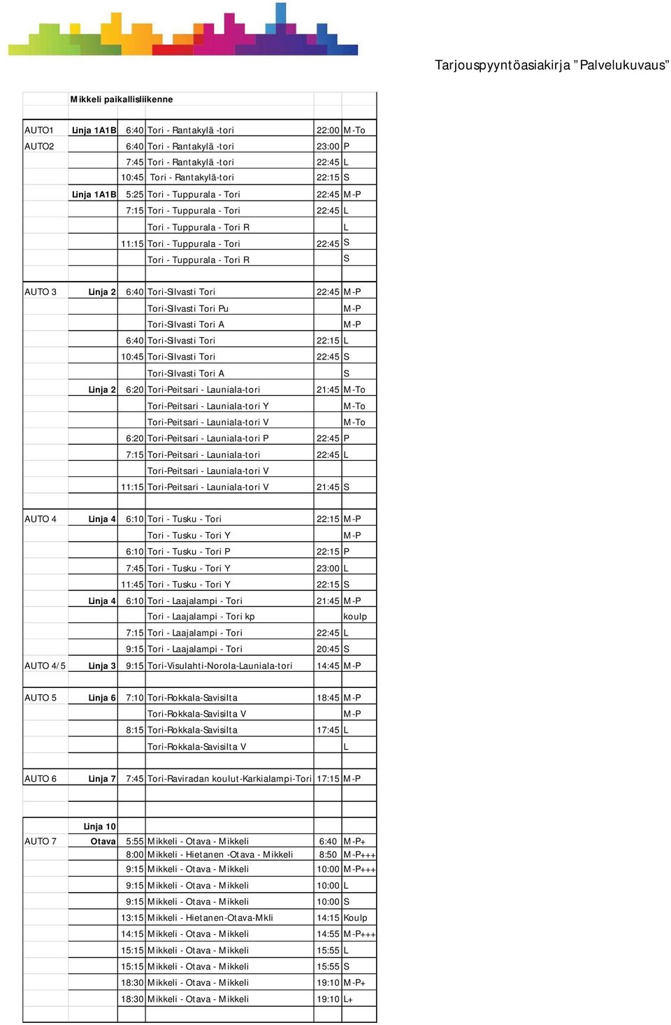 6:40 Tori-Silvasti Tori 22:45 M-P Tori-Silvasti Tori Pu M-P Tori-Silvasti Tori A M-P 6:40 Tori-Silvasti Tori 22:15 L 10:45 Tori-Silvasti Tori 22:45 S Tori-Silvasti Tori A S Linja 2 6:20 Tori-Peitsari