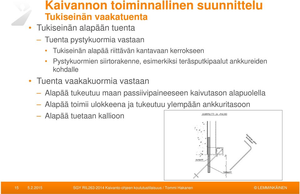 ankkureiden kohdalle Tuenta vaakakuormia vastaan Alapää tukeutuu maan passiivipaineeseen