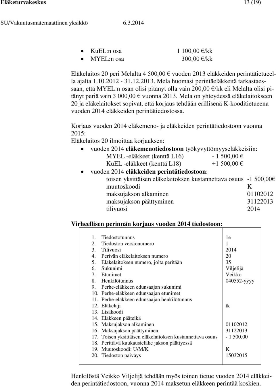 Mela huomasi perintäeläkkeitä tarkastaessaan, että MYEL:n osan olisi pitänyt olla vain 200,00 /kk eli Melalta olisi pitänyt periä vain 3 000,00 vuonna 2013.