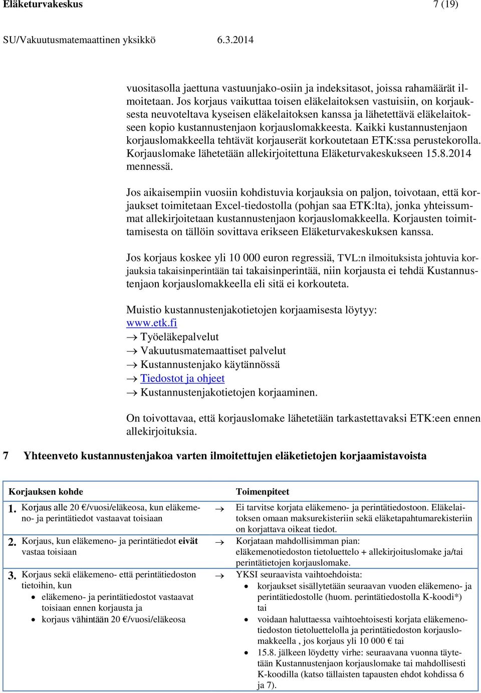 Kaikki kustannustenjaon korjauslomakkeella tehtävät korjauserät korkoutetaan ETK:ssa perustekorolla. Korjauslomake lähetetään allekirjoitettuna Eläketurvakeskukseen 15.8.2014 mennessä.