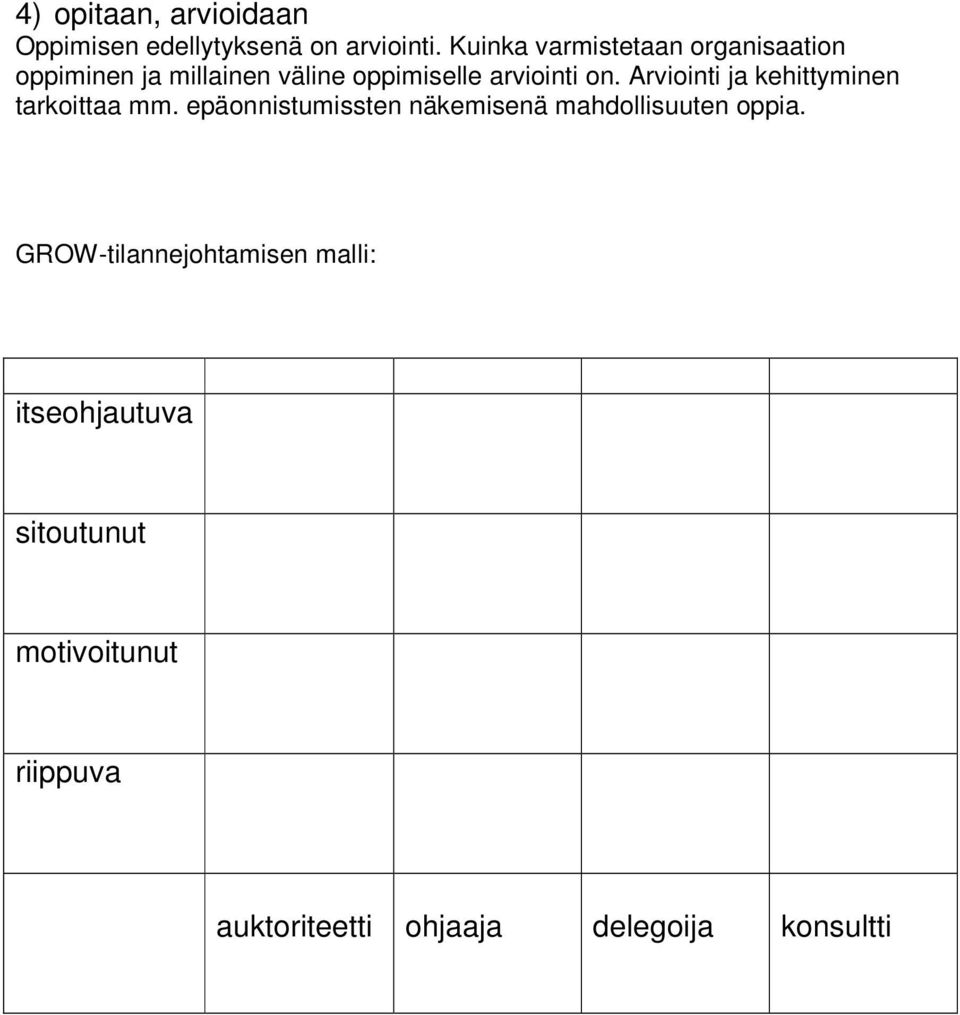 Arviointi ja kehittyminen tarkoittaa mm. epäonnistumissten näkemisenä mahdollisuuten oppia.