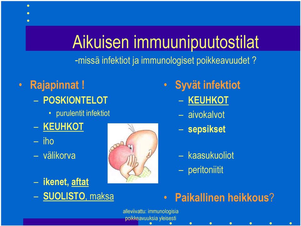 POSKIONTELOT purulentit infektiot KEUHKOT iho välikorva ikenet, aftat SUOLISTO,