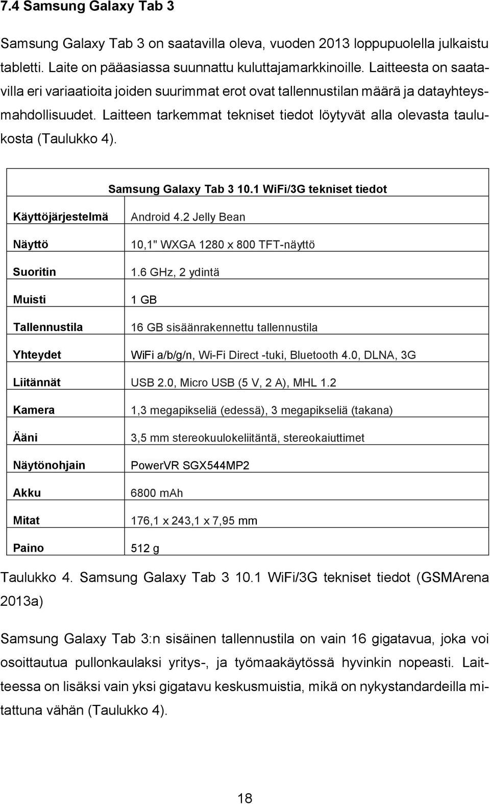 Laitteen tarkemmat tekniset tiedot löytyvät alla olevasta taulukosta (Taulukko 4). Samsung Galaxy Tab 3 10.