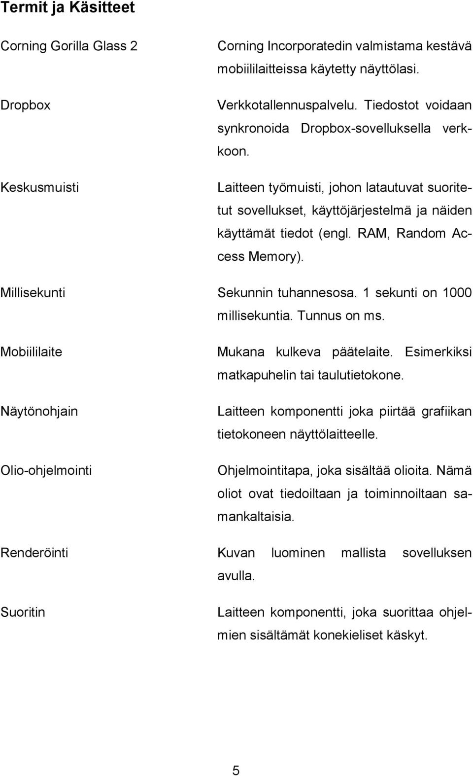 RAM, Random Access Memory). Millisekunti Sekunnin tuhannesosa. 1 sekunti on 1000 millisekuntia. Tunnus on ms. Mobiililaite Näytönohjain Olio-ohjelmointi Mukana kulkeva päätelaite.