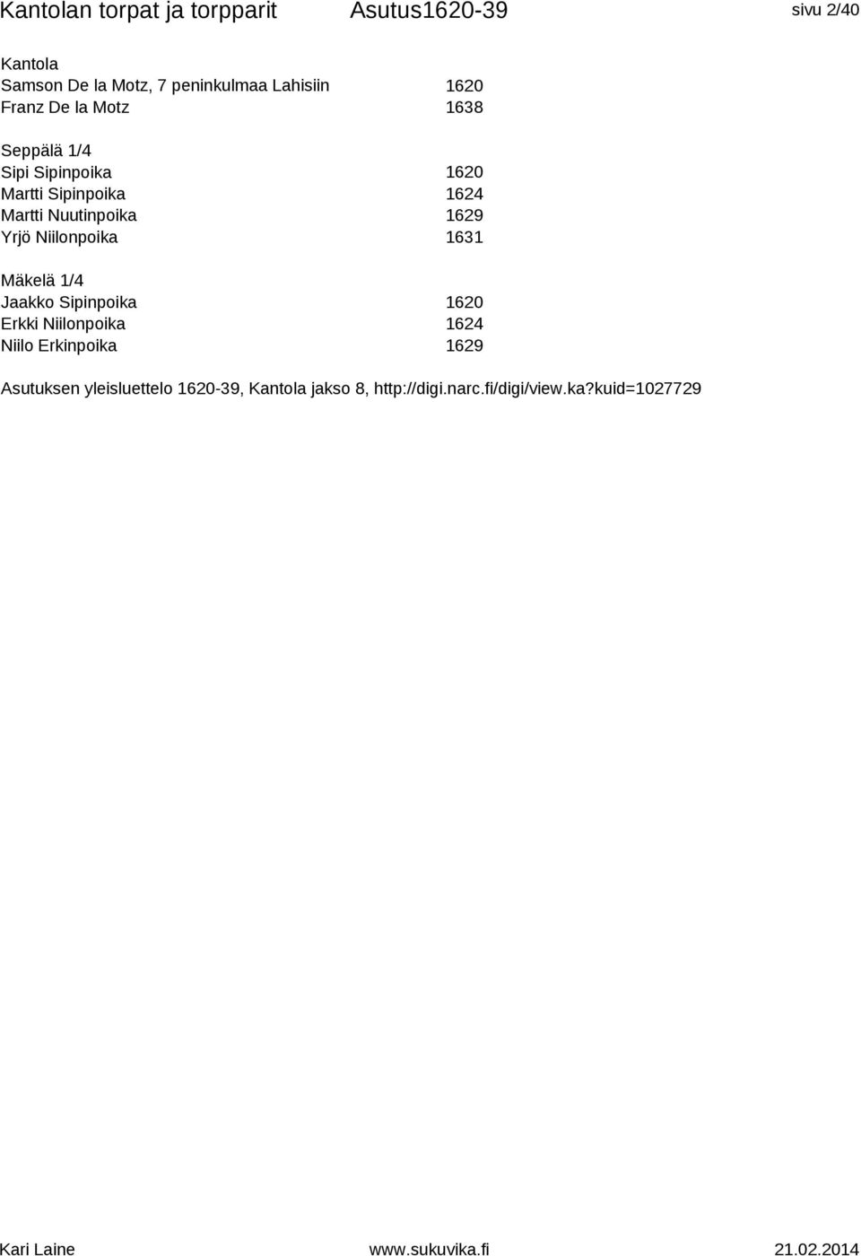 Niilonpoika Mäkelä 1/4 Jaakko Sipinpoika Niilonpoika Niilo Erkinpoika 1620 1638 1620 1624 1629 1631