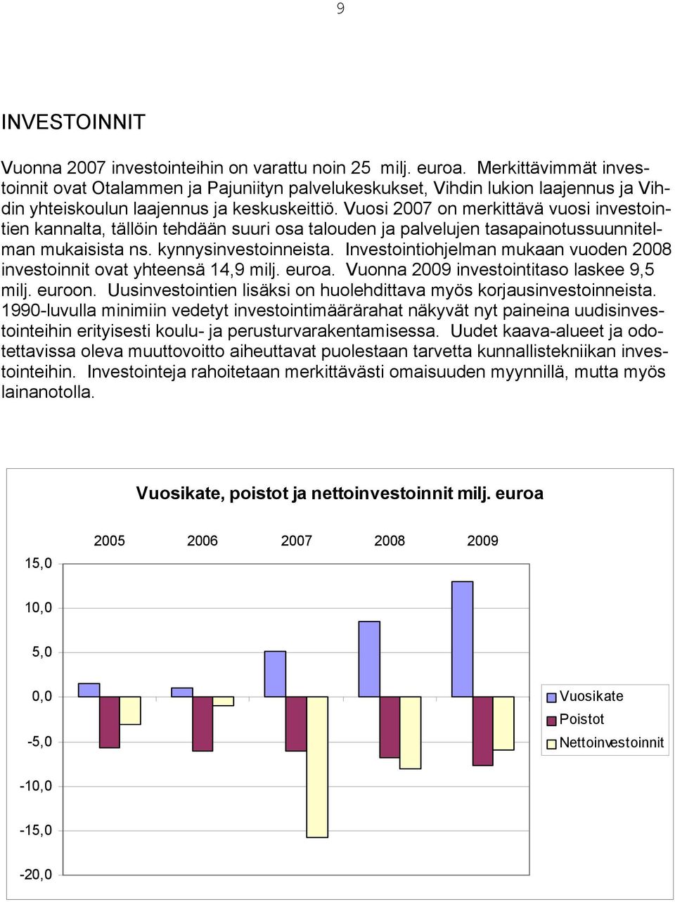 Vuosi 2007 on merkittävä vuosi investointien kannalta, tällöin tehdään suuri osa talouden ja palvelujen tasapainotussuunnitelman mukaisista ns. kynnysinvestoinneista.