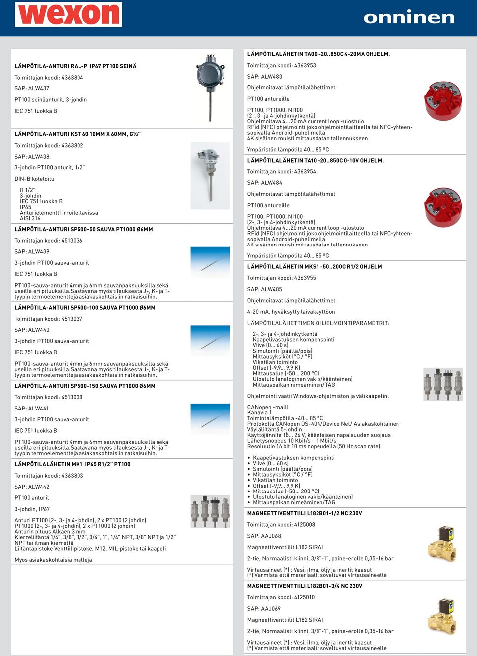 ALW438 3-johdin PT100 anturit, 1/2 DIN-B koteloitu R 1/2 3-johdin IEC 751 luokka B IP65 Anturielementti irroitettavissa AISI 316 LÄMPÖTILA-ANTURI SP500-50 SAUVA PT1000 Ø6MM Toimittajan koodi: 4513036