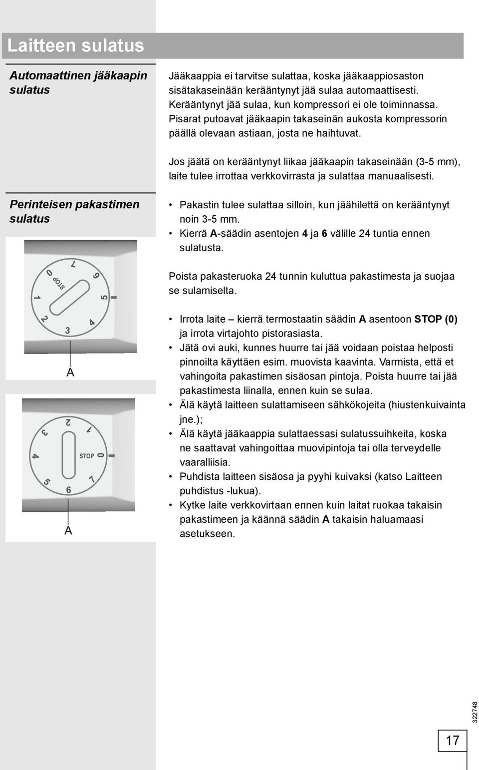 Jos jäätä on kerääntynyt liikaa jääkaapin takaseinään (3-5 mm), laite tulee irrottaa verkkovirrasta ja sulattaa manuaalisesti.