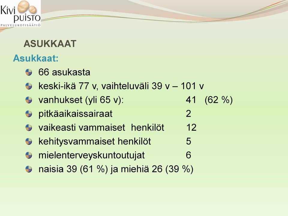 2 vaikeasti vammaiset henkilöt 12 kehitysvammaiset henkilöt 5