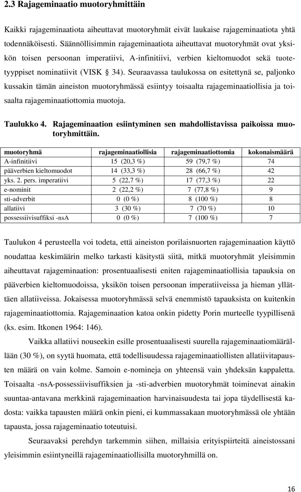 Seuraavassa taulukossa on esitettynä se, paljonko kussakin tämän aineiston muotoryhmässä esiintyy toisaalta rajageminaatiollisia ja toisaalta rajageminaatiottomia muotoja. Taulukko 4.