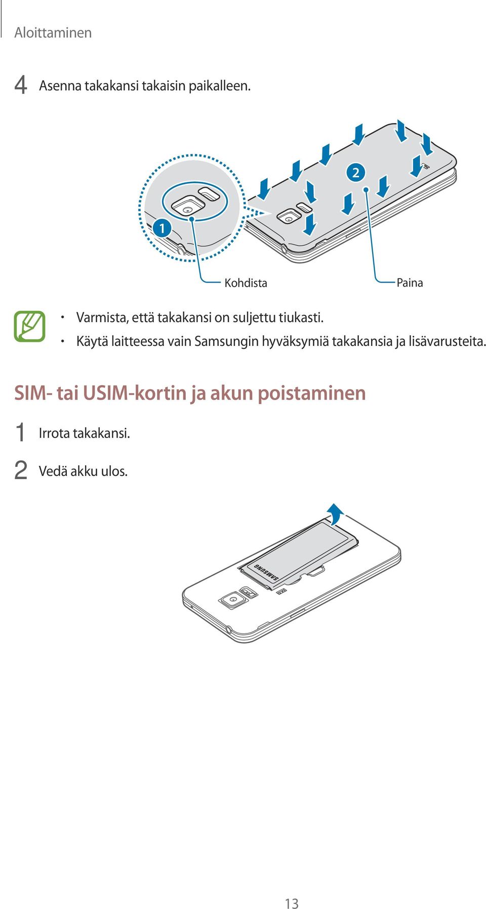 Käytä laitteessa vain Samsungin hyväksymiä takakansia ja