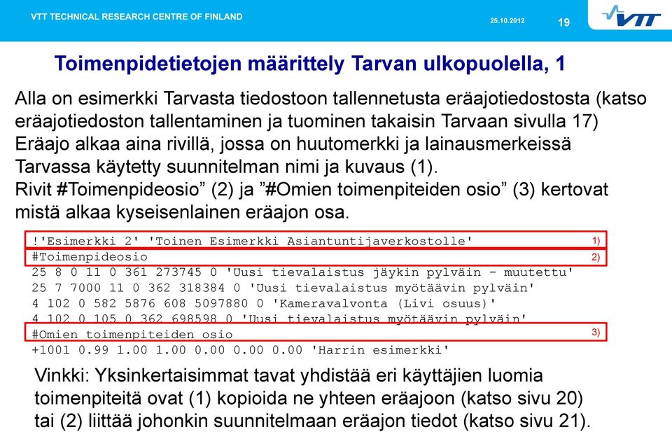 Rivit #Toimenpideosio ( ja #Omien toimenpiteiden osio (3) kertovat mistä alkaa kyseisenlainen eräajon osa.
