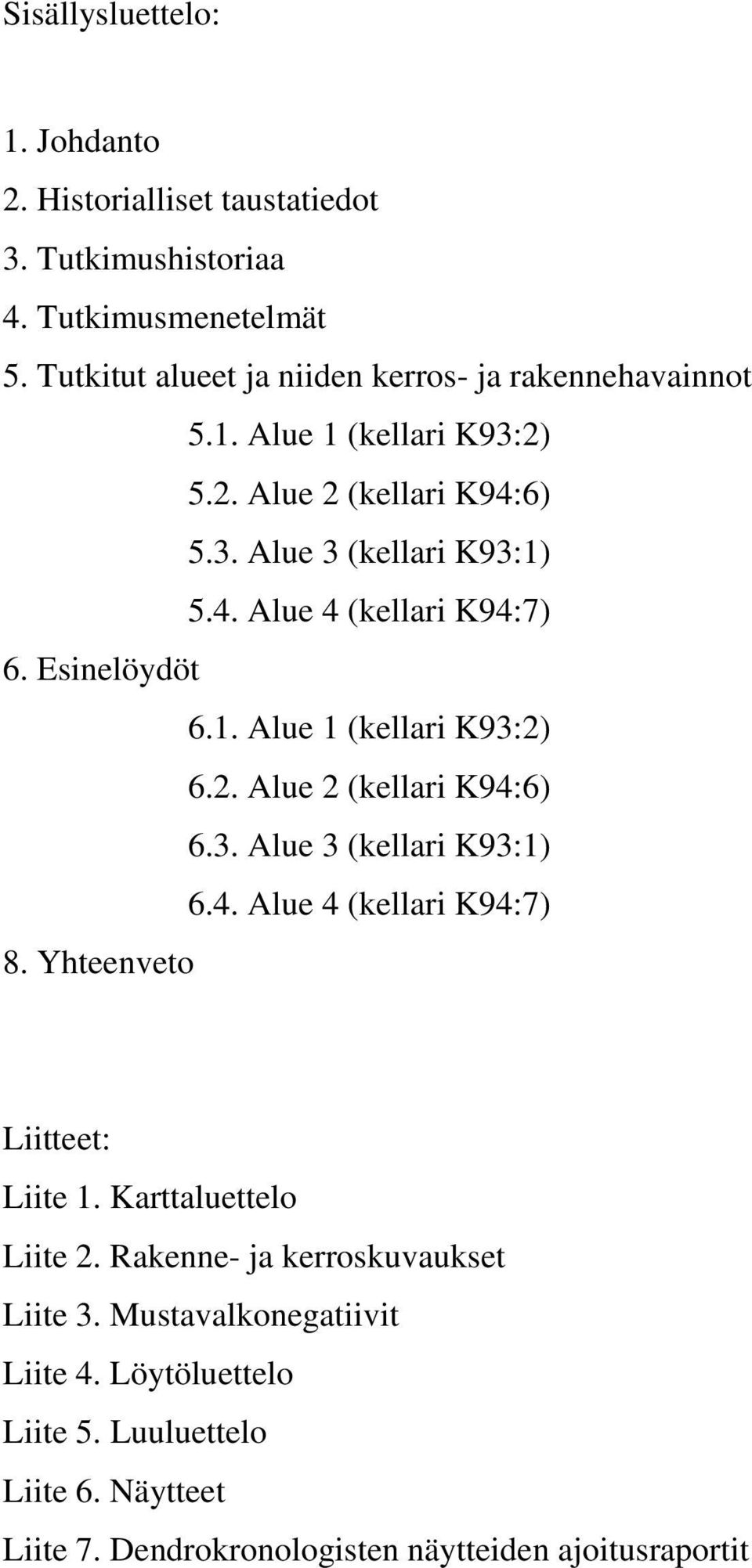 Esinelöydöt 6.1. Alue 1 (kellari K93:2) 6.2. Alue 2 (kellari K94:6) 6.3. Alue 3 (kellari K93:1) 6.4. Alue 4 (kellari K94:7) 8. Yhteenveto Liitteet: Liite 1.