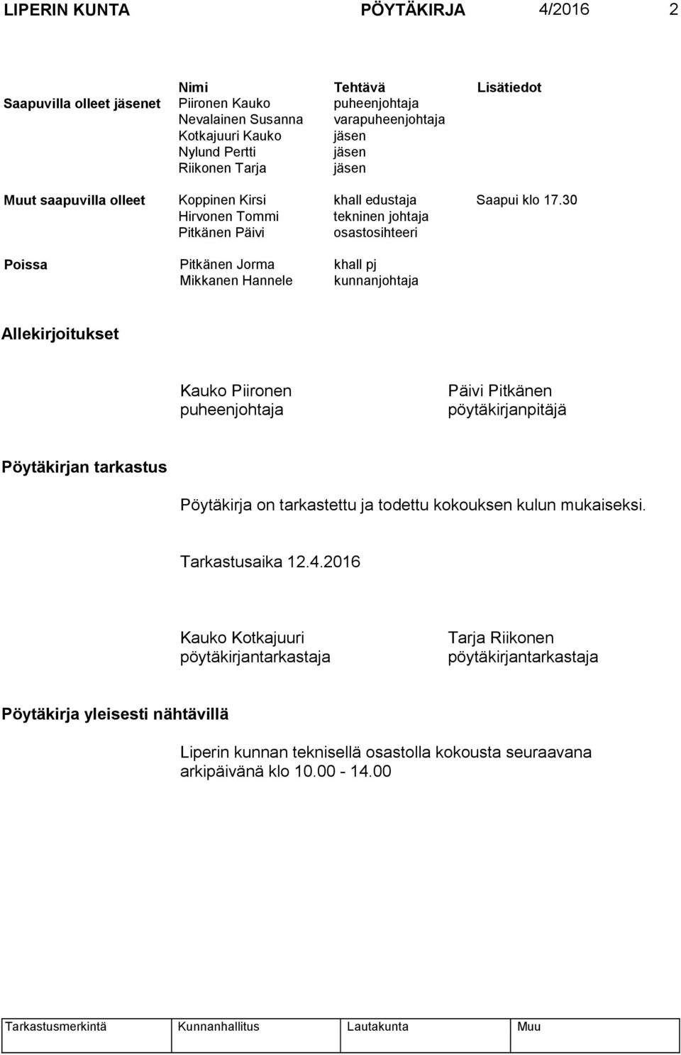 30 Hirvonen Tommi tekninen johtaja Pitkänen Päivi osastosihteeri Poissa Pitkänen Jorma khall pj Mikkanen Hannele kunnanjohtaja Allekirjoitukset Kauko Piironen puheenjohtaja Päivi Pitkänen