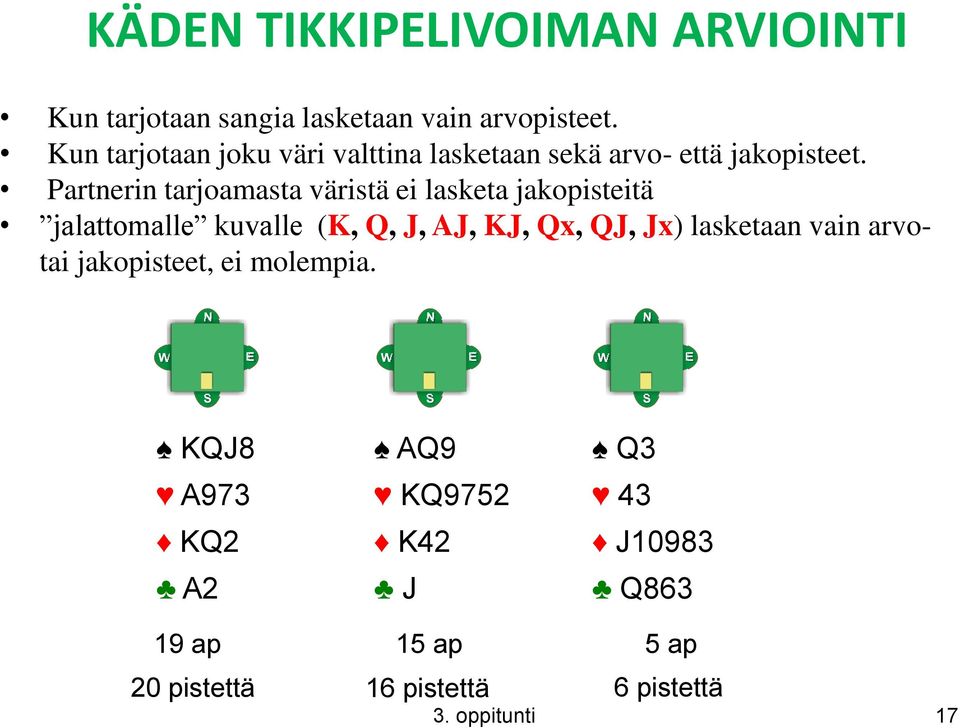 Partnerin tarjoamasta väristä ei lasketa jakopisteitä jalattomalle kuvalle (K, Q, J, AJ, KJ, Qx, QJ, Jx)