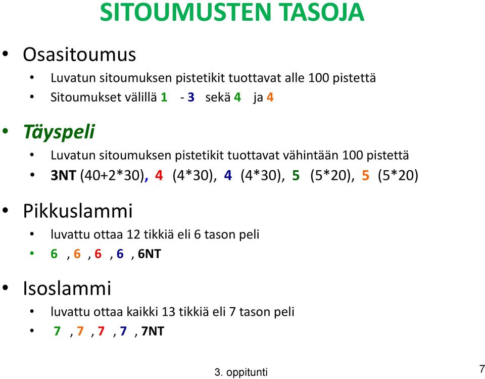 (40+2*30), 4 (4*30), 4 (4*30), 5 (5*20), 5 (5*20) Pikkuslammi luvattu ottaa 12 tikkiä eli 6 tason peli