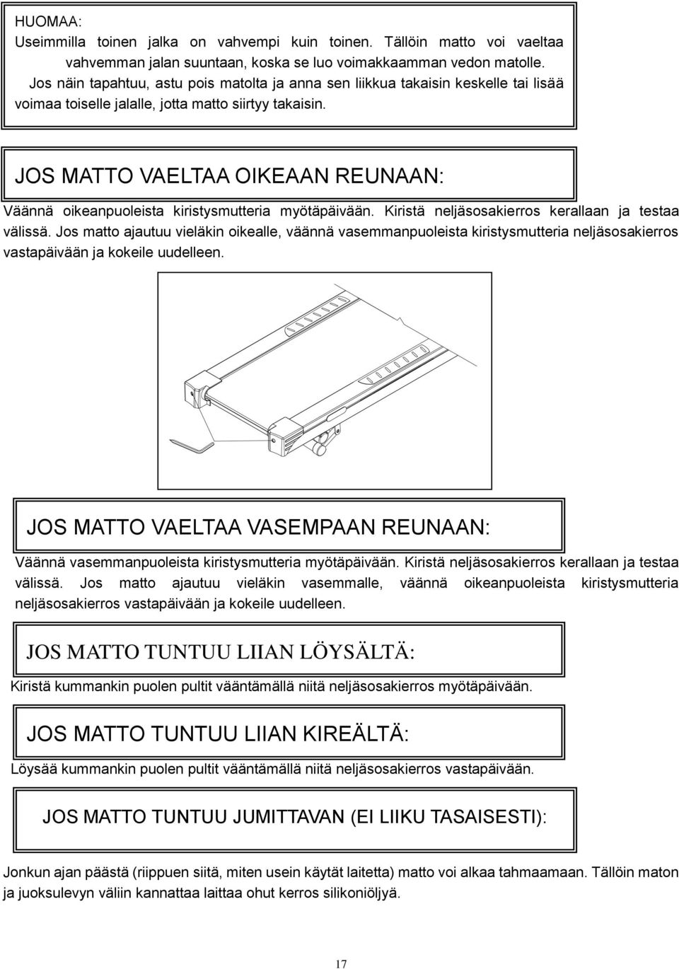 JOS MATTO VAELTAA OIKEAAN REUNAAN: Väännä oikeanpuoleista kiristysmutteria myötäpäivään. Kiristä neljäsosakierros kerallaan ja testaa välissä.