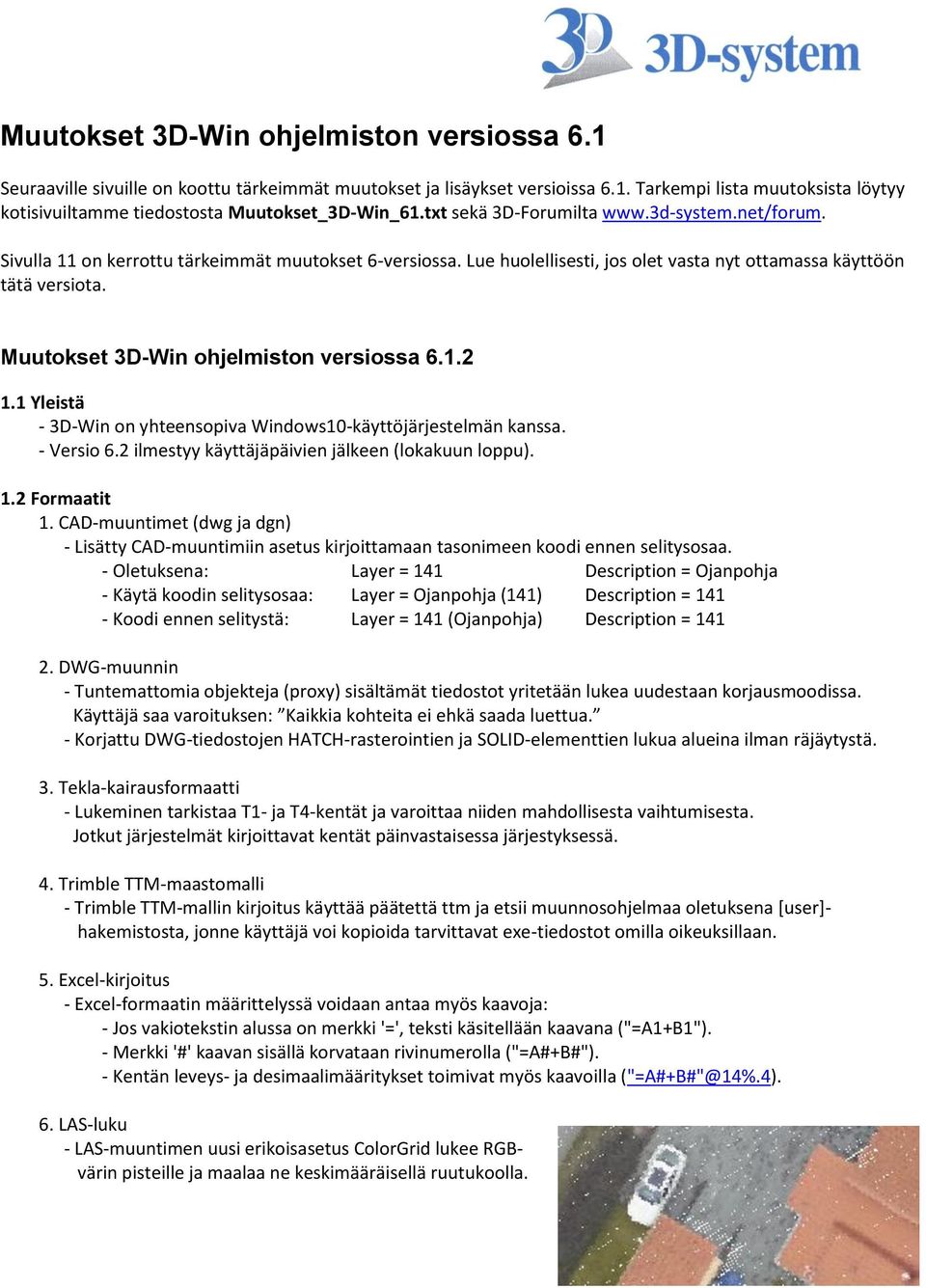 Muutokset 3D-Win ohjelmiston versiossa 6.1.2 1.1 Yleistä - 3D-Win on yhteensopiva Windows10-käyttöjärjestelmän kanssa. - Versio 6.2 ilmestyy käyttäjäpäivien jälkeen (lokakuun loppu). 1.2 Formaatit 1.