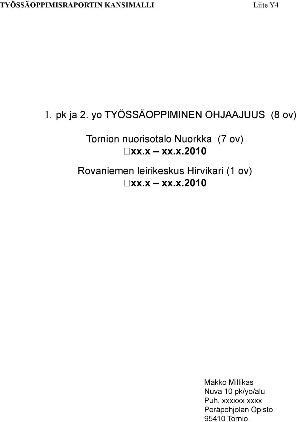 ov) xx.x xx.x.2010 Rovaniemen leirikeskus Hirvikari (1 ov) xx.x xx.x.2010 Makko Millikas Nuva 10 pk/yo/alu Puh.