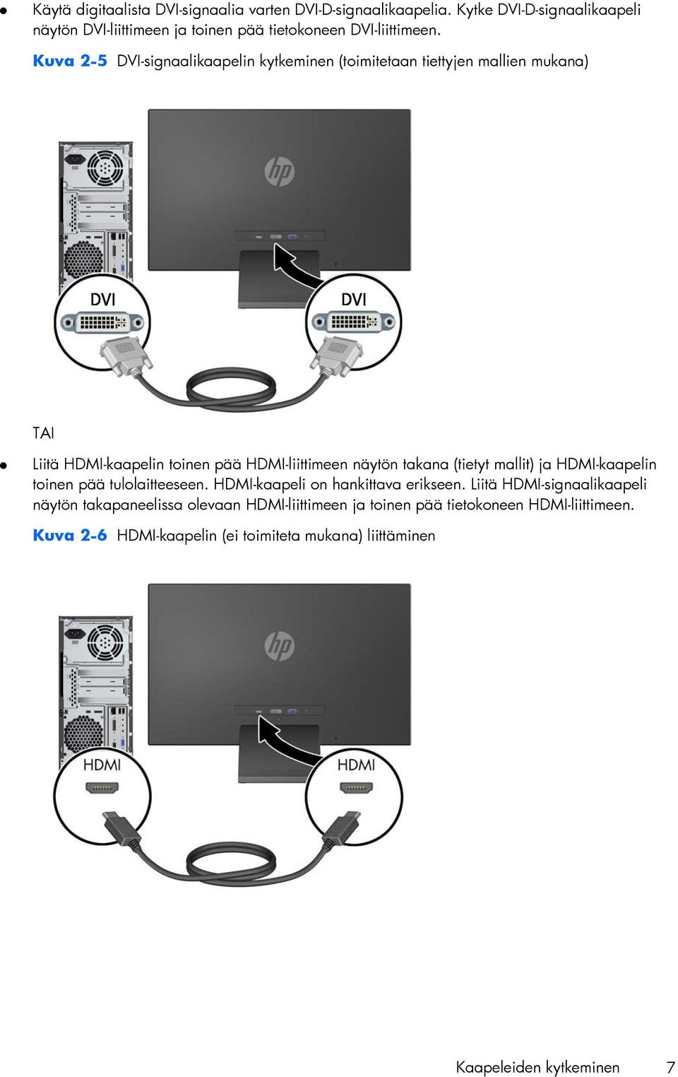 Kuva 2-5 DVI-signaalikaapelin kytkeminen (toimitetaan tiettyjen mallien mukana) TAI Liitä HDMI-kaapelin toinen pää HDMI-liittimeen näytön takana