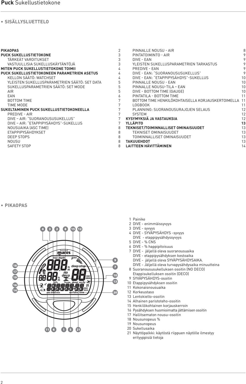 SUKELLUSTIETOKONEELLA 7 PREDIVE - AIR 7 DIVE AIR: SUORANOUSUSUKELLUS 7 DIVE AIR: ETAPPIPYSÄHDYS -SUKELLUS 7 NOUSUAIKA (ASC TIME) 8 ETAPPIPYSÄHDYKSET 8 DEEP STOPS 8 NOUSU 8 SAFETY STOP 8 PINNALLE