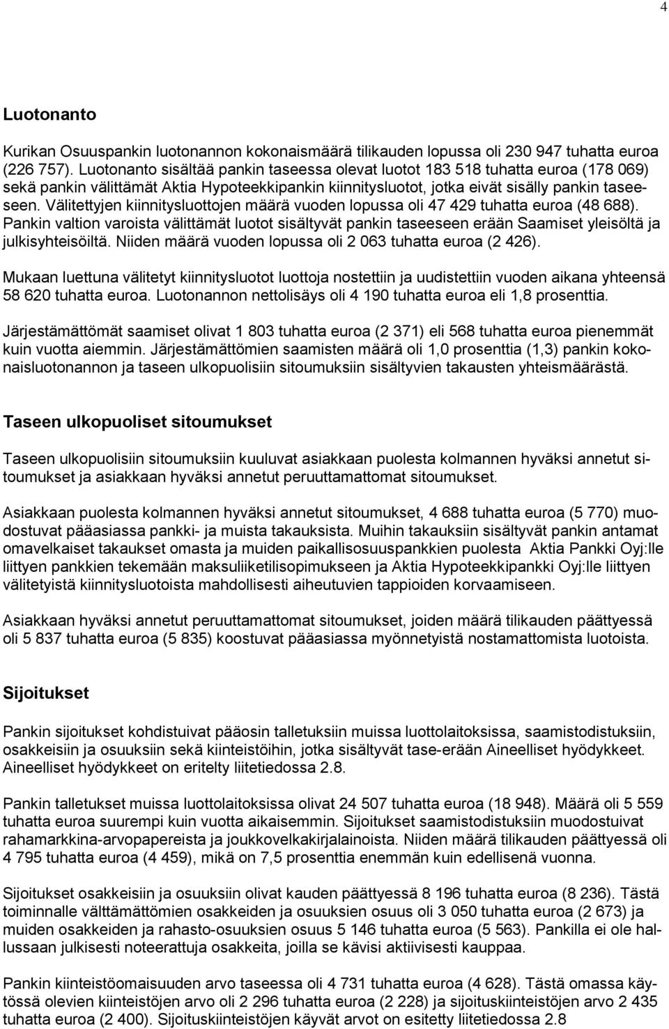 Välitettyjen kiinnitysluottojen määrä vuoden lopussa oli 47 429 tuhatta euroa (48 688).
