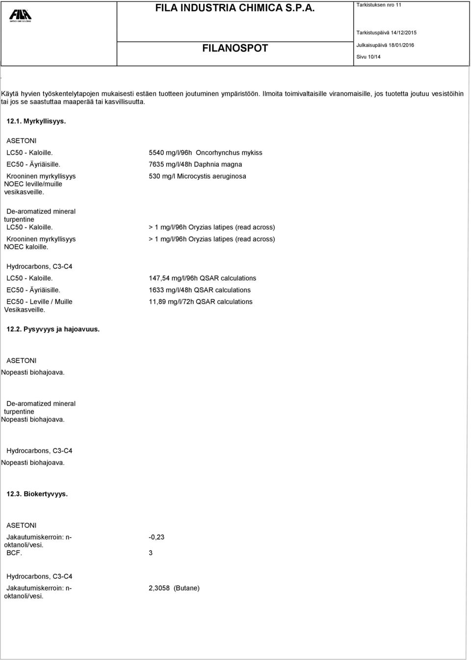 Krooninen myrkyllisyys NOEC leville/muille vesikasveille. De-aromatized mineral turpentine LC50 - Kaloille. Krooninen myrkyllisyys NOEC kaloille.