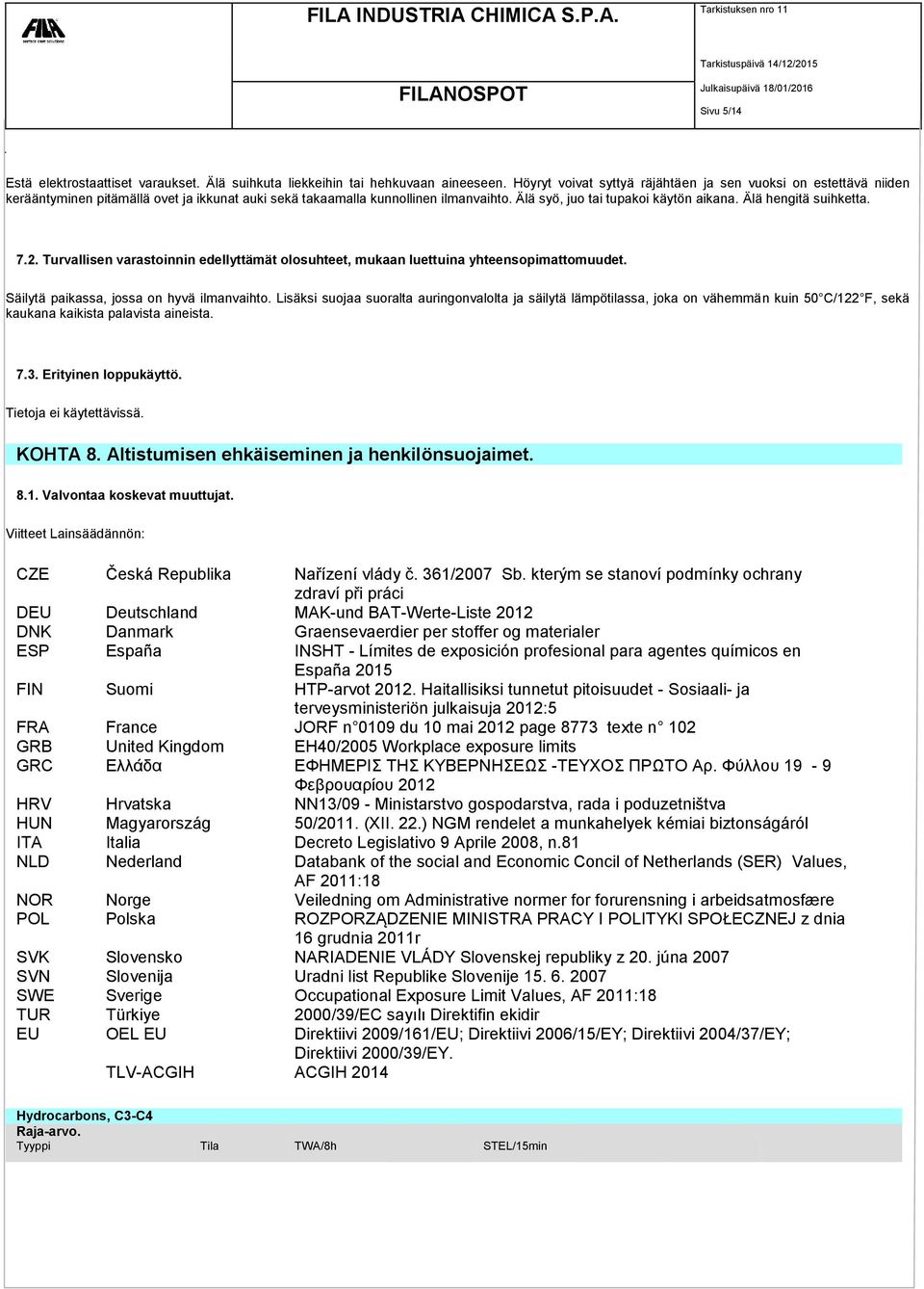 Älä hengitä suihketta. 7.2. Turvallisen varastoinnin edellyttämät olosuhteet, mukaan luettuina yhteensopimattomuudet. Säilytä paikassa, jossa on hyvä ilmanvaihto.