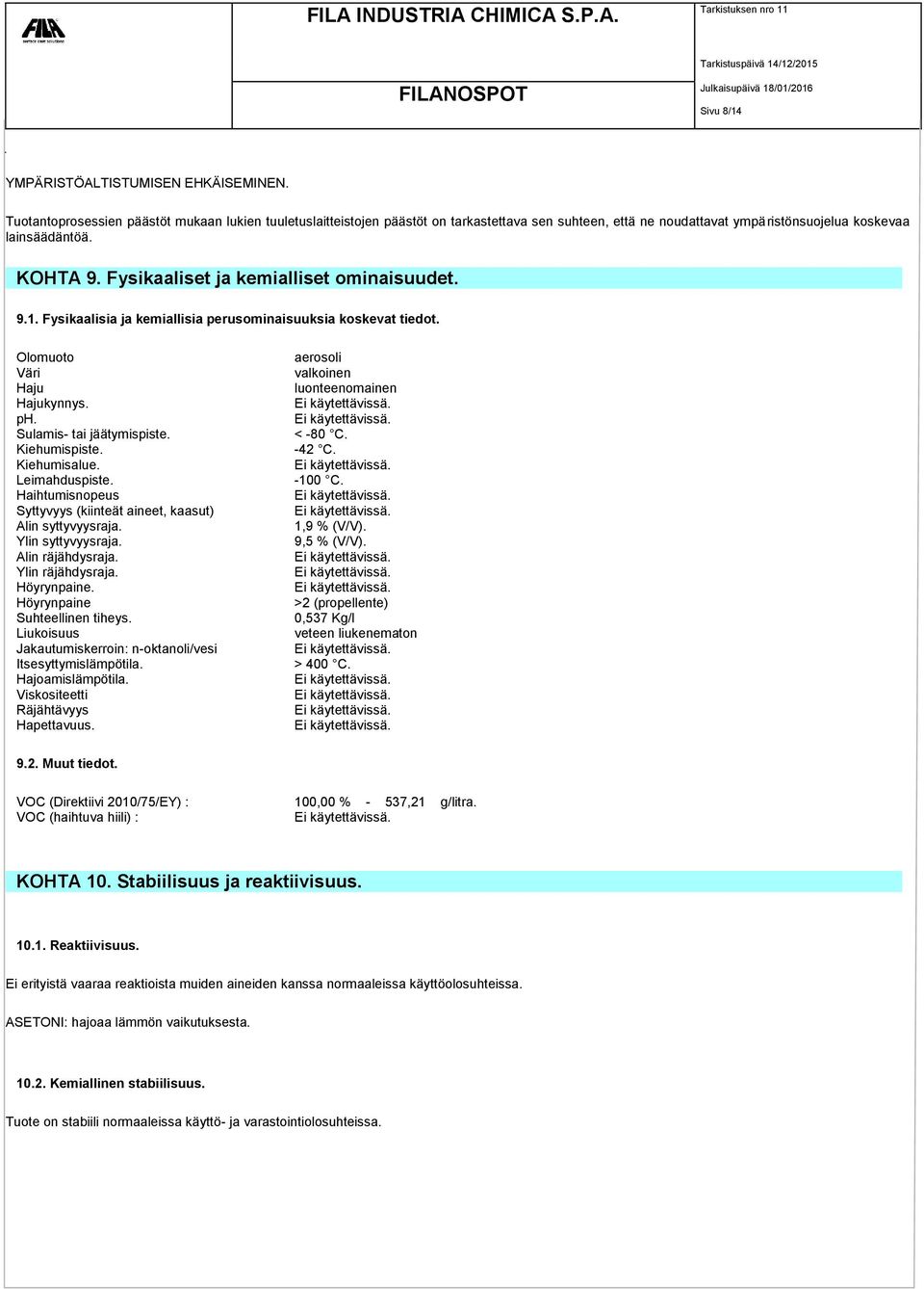 Fysikaaliset ja kemialliset ominaisuudet. 9.1. Fysikaalisia ja kemiallisia perusominaisuuksia koskevat tiedot. Olomuoto Väri Haju Hajukynnys. ph. Sulamis- tai jäätymispiste. Kiehumispiste.