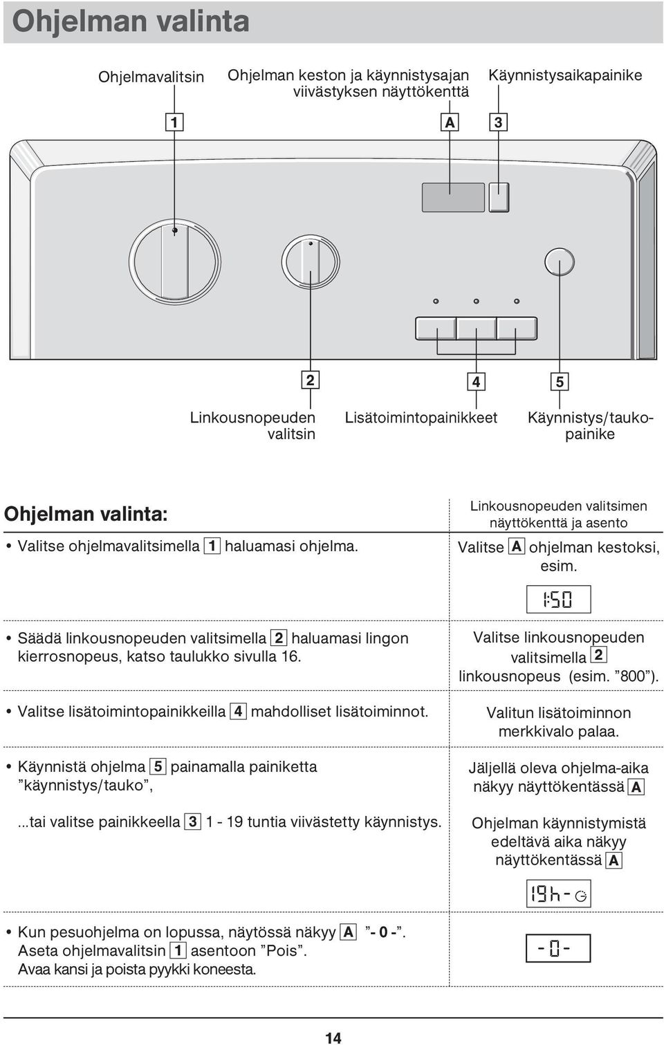Säädä linkousnopeuden valitsimella 2 haluamasi lingon kierrosnopeus, katso taulukko sivulla 16. Valitse linkousnopeuden valitsimella 2 linkousnopeus (esim. 800 ).