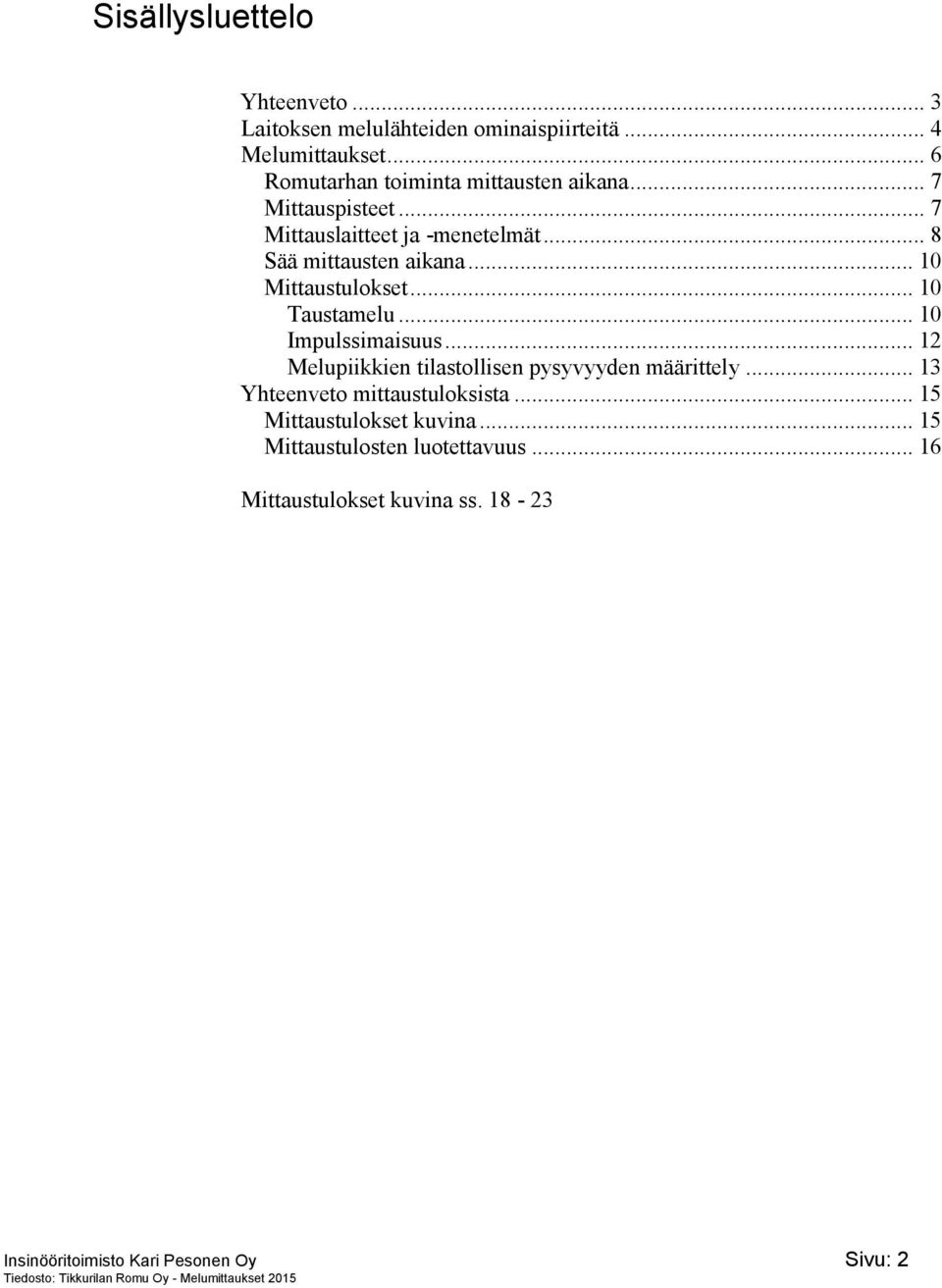 .. 10 Mittaustulokset... 10 Taustamelu... 10 Impulssimaisuus... 12 Melupiikkien tilastollisen pysyvyyden määrittely.