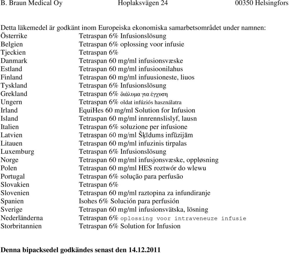 έγχυση Ungern Tetraspan 6% oldat infúziós használatra Irland EquiHes 60 mg/ml Solution for Infusion Island Tetraspan 60 mg/ml innrennslislyf, lausn Italien Tetraspan 6% soluzione per infusione