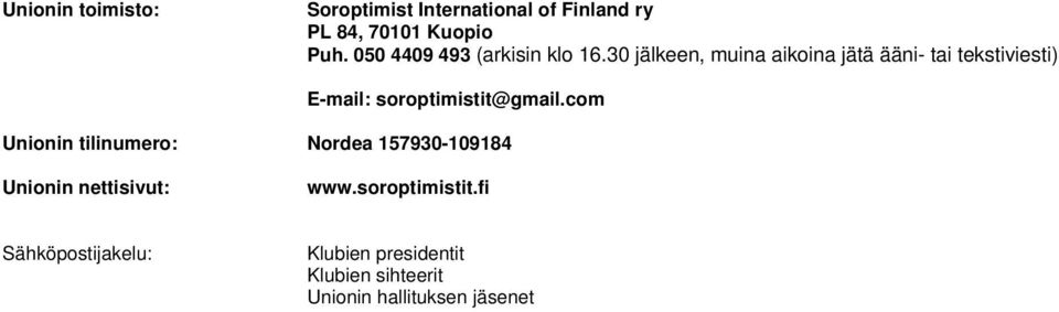 30 jälkeen, muina aikoina jätä ääni- tai tekstiviesti) E-mail: soroptimistit@gmail.