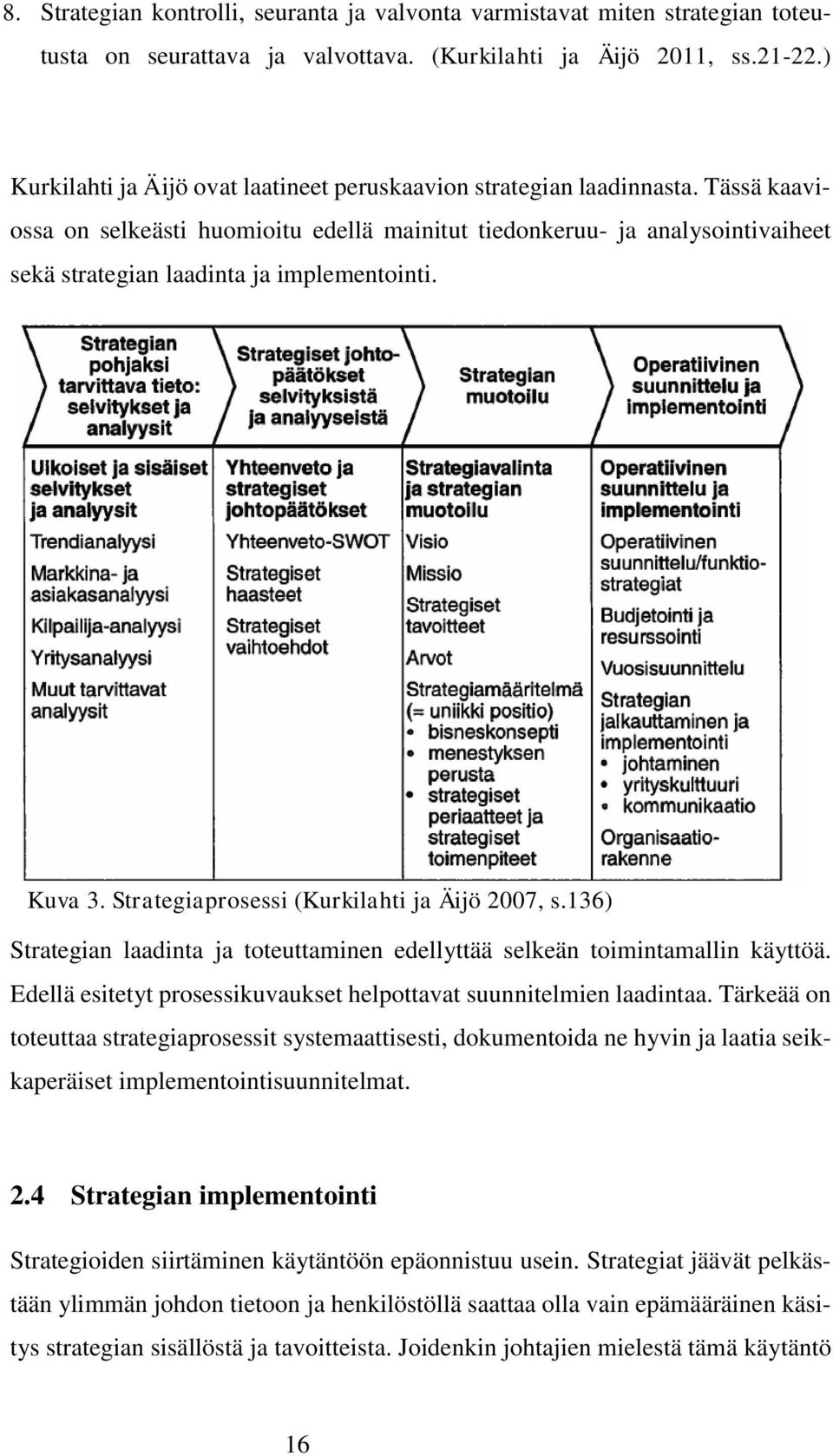 Tässä kaaviossa on selkeästi huomioitu edellä mainitut tiedonkeruu- ja analysointivaiheet sekä strategian laadinta ja implementointi. Kuva 3. Strategiaprosessi (Kurkilahti ja Äijö 2007, s.