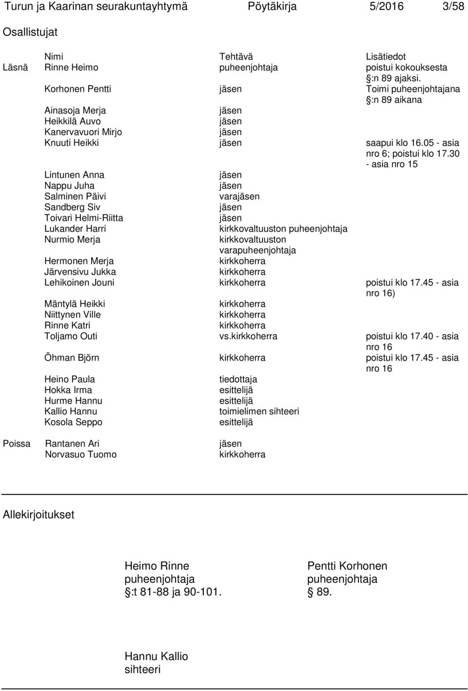 30 - asia nro 15 Lintunen Anna jäsen Nappu Juha jäsen Salminen Päivi varajäsen Sandberg Siv jäsen Toivari Helmi-Riitta jäsen Lukander Harri kirkkovaltuuston puheenjohtaja Nurmio Merja