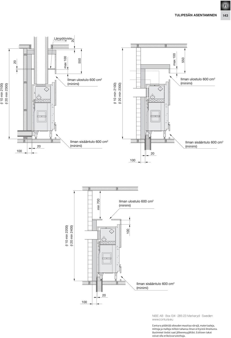 600 cm 2 Ilman sisääntulo 600 cm 2 (minimi) Area min. 600 cm 2 min 700 Ilman ulostulo 600 cm 2 (minimi) Area ut min.