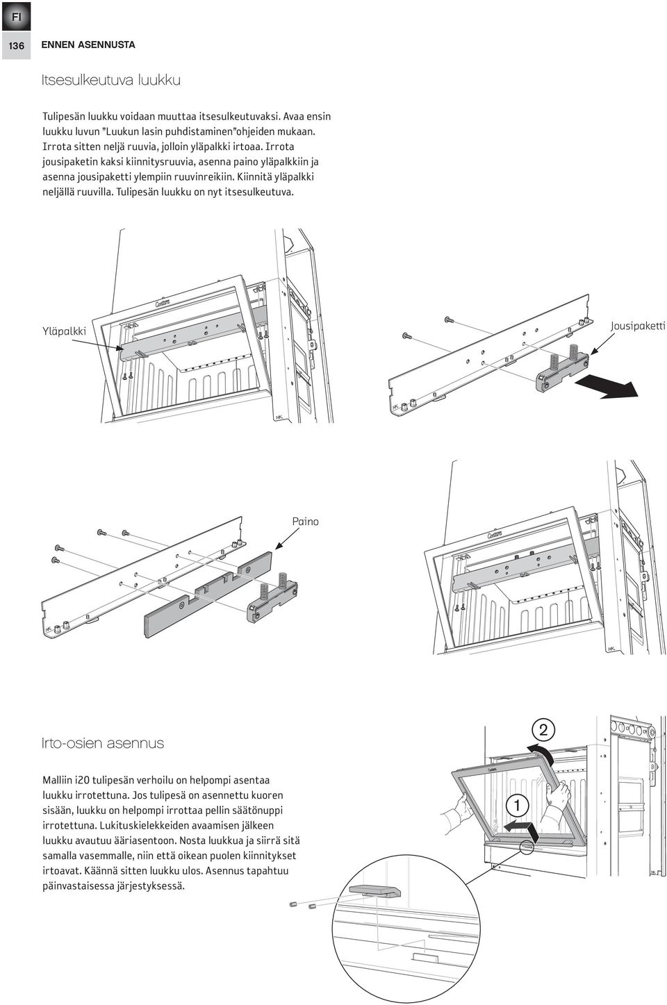 Kiinnitä yläpalkki neljällä ruuvilla. Tulipesän luukku on nyt itsesulkeutuva. Yläpalkki Jousipaketti Paino Irto-osien asennus 2 Malliin i tulipesän verhoilu on helpompi asentaa luukku irrotettuna.