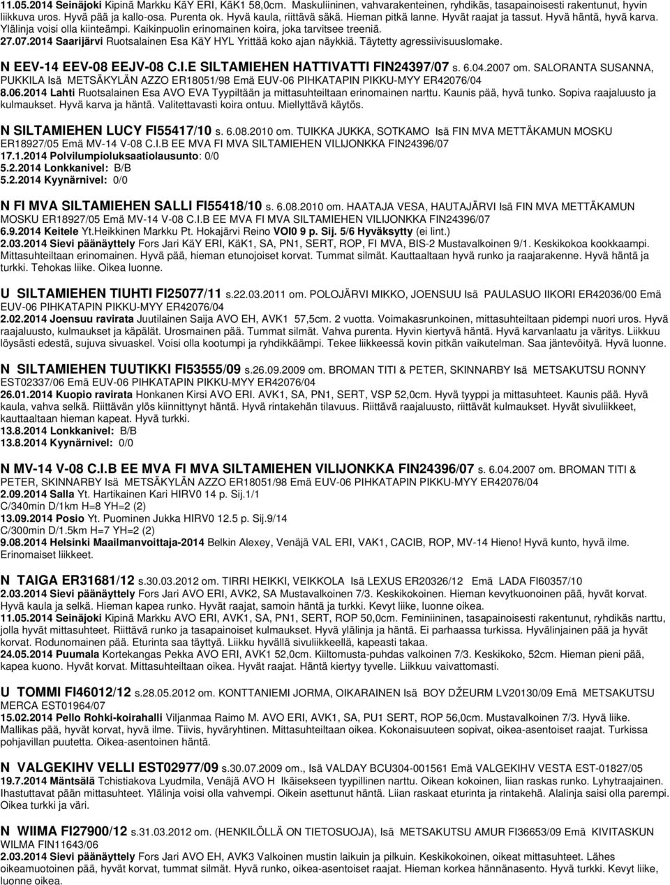 2014 Saarijärvi Ruotsalainen Esa KäY HYL Yrittää koko ajan näykkiä. Täytetty agressiivisuuslomake. N EEV-14 EEV-08 EEJV-08 C.I.E SILTAMIEHEN HATTIVATTI FIN24397/07 s. 6.04.2007 om.