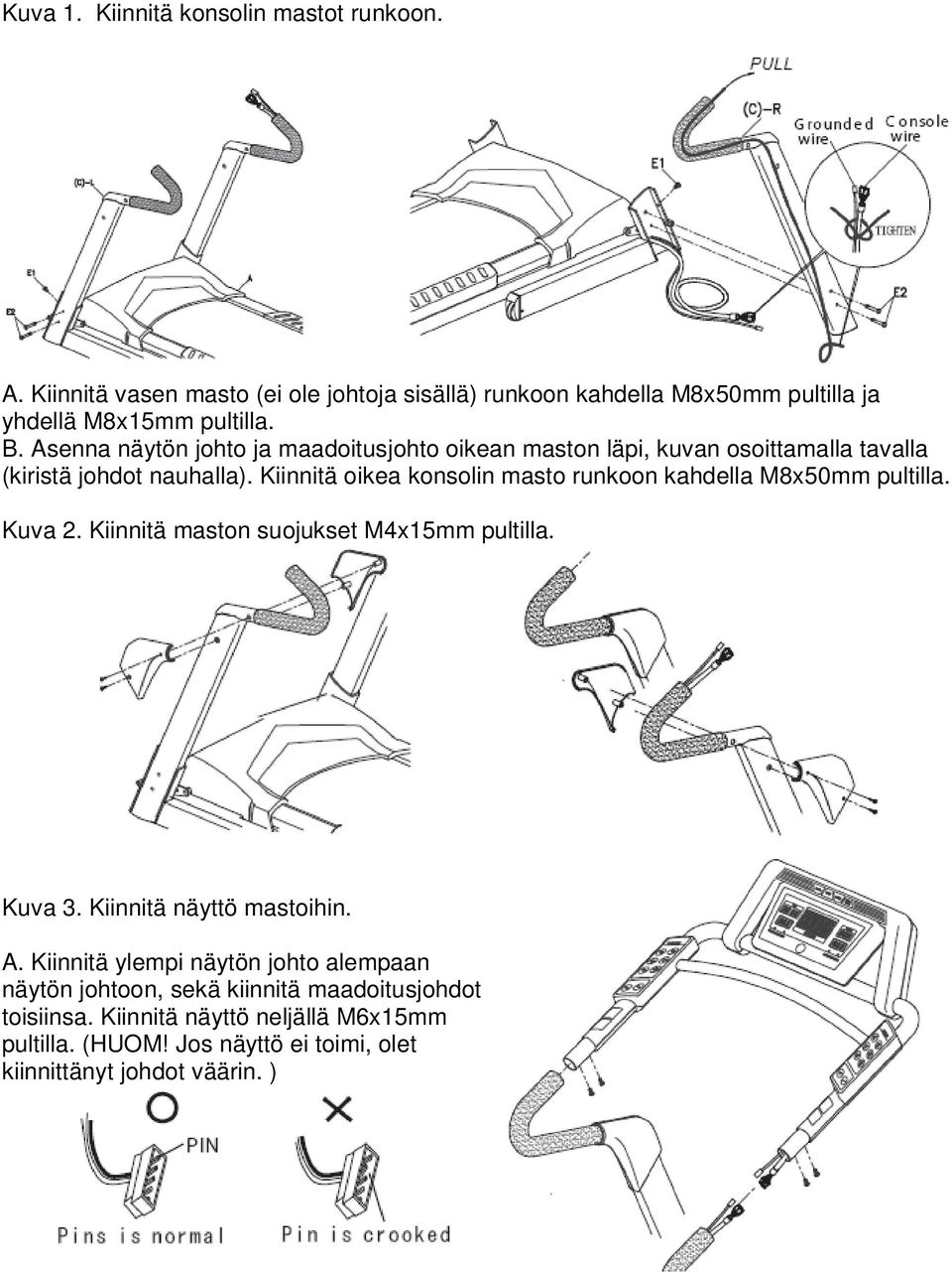 Kiinnitä oikea konsolin masto runkoon kahdella M8x50mm pultilla. Kuva 2. Kiinnitä maston suojukset M4x15mm pultilla. Kuva 3. Kiinnitä näyttö mastoihin. A.