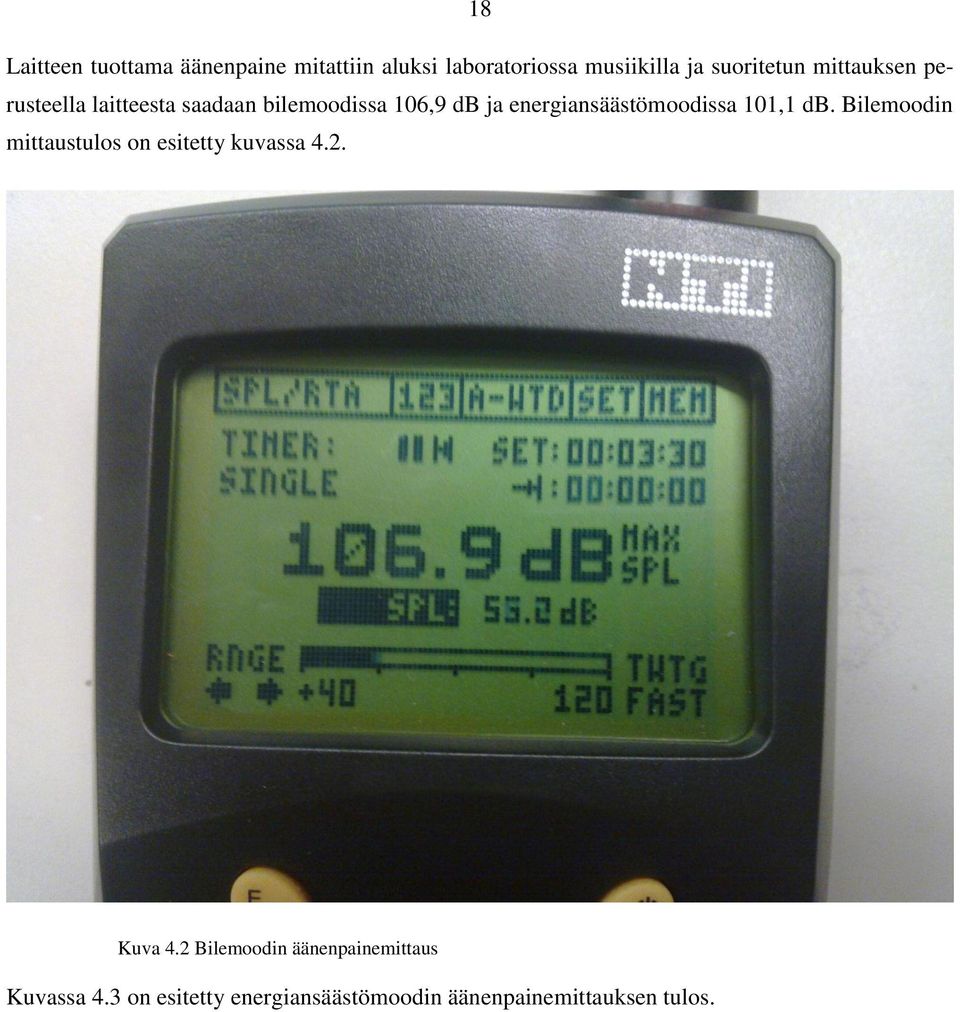 energiansäästömoodissa 101,1 db. Bilemoodin mittaustulos on esitetty kuvassa 4.2.
