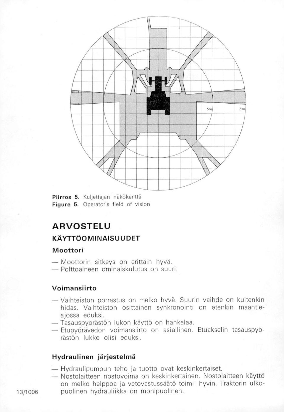 Operator's field of vision ARVOSTELU KÄYTTÖOMINAISUUDET Moottori Moottorin sitkeys on erittäin hyvä. Polttoaineen ominaiskulutus on suuri. Voimansiirto Vaihteiston porrastus on melko hyvä.