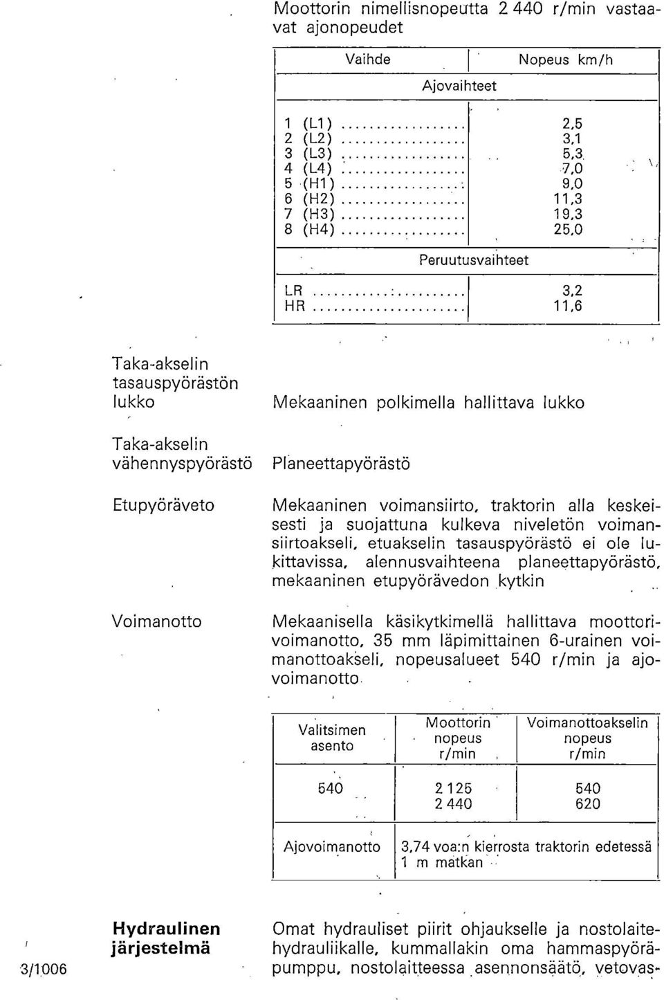 voimansiirto, traktorin alla keskeisesti ja suojattuna kulkeva niveletön voimansiirtoakseli, etuakselin tasauspyörästö ei ole lukittavissa, alennusvaihteena planeettapyörästö, mekaaninen