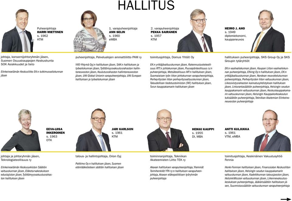 puheenjohtaja, Palvelualojen ammattiliitto PAM ry VVO-Yhtymä Oyj:n hallituksen jäsen, SAK:n hallituksen ja työvaliokunnan jäsen, Työttömyysvakuutusrahaston hallintoneuvoston jäsen, Koulutusrahaston