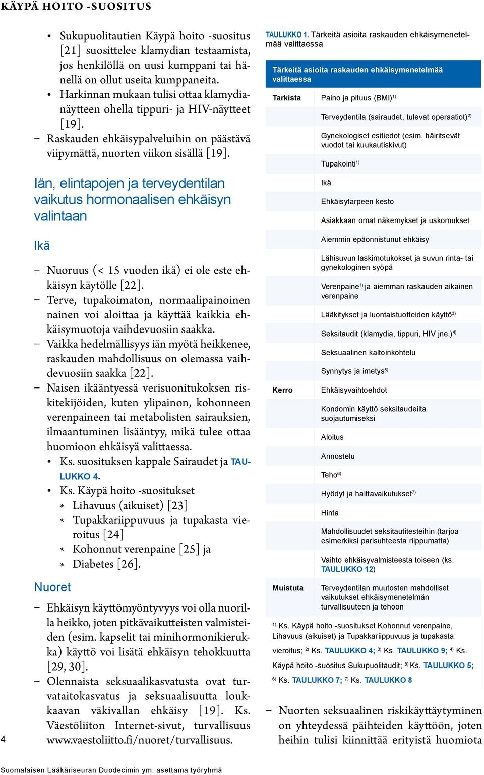 Iän, elintapojen ja terveydentilan vaikutus hormonaalisen ehkäisyn valintaan Ikä Nuoruus (< 15 vuoden ikä) ei ole este ehkäisyn käytölle [22].