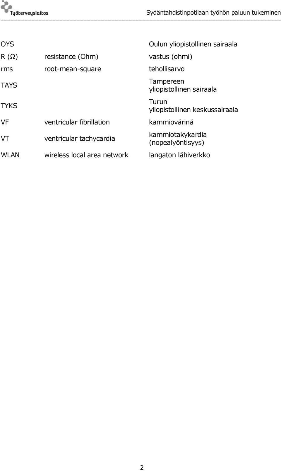 yliopistollinen keskussairaala VF ventricular fibrillation kammiovärinä VT ventricular