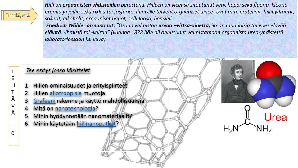 Friedrich Wöhler on sanonut: Osaan valmistaa ureaa virtsa-ainetta, ilman munuaisia tai edes elävää eläintä, -ihmistä tai -koiraa (vuonna 1828 hän oli onnistunut valmistamaan orgaanista