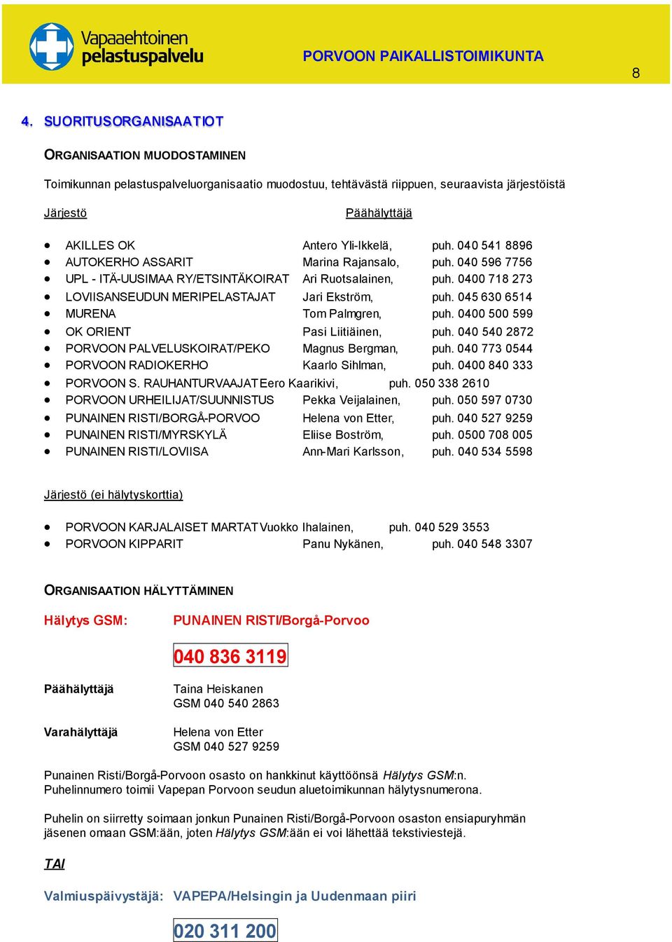 0400 718 273 LOVIISANSEUDUN MERIPELASTAJAT Jari Ekström, puh. 045 630 6514 MURENA Tom Palmgren, puh. 0400 500 599 OK ORIENT Pasi Liitiäinen, puh.