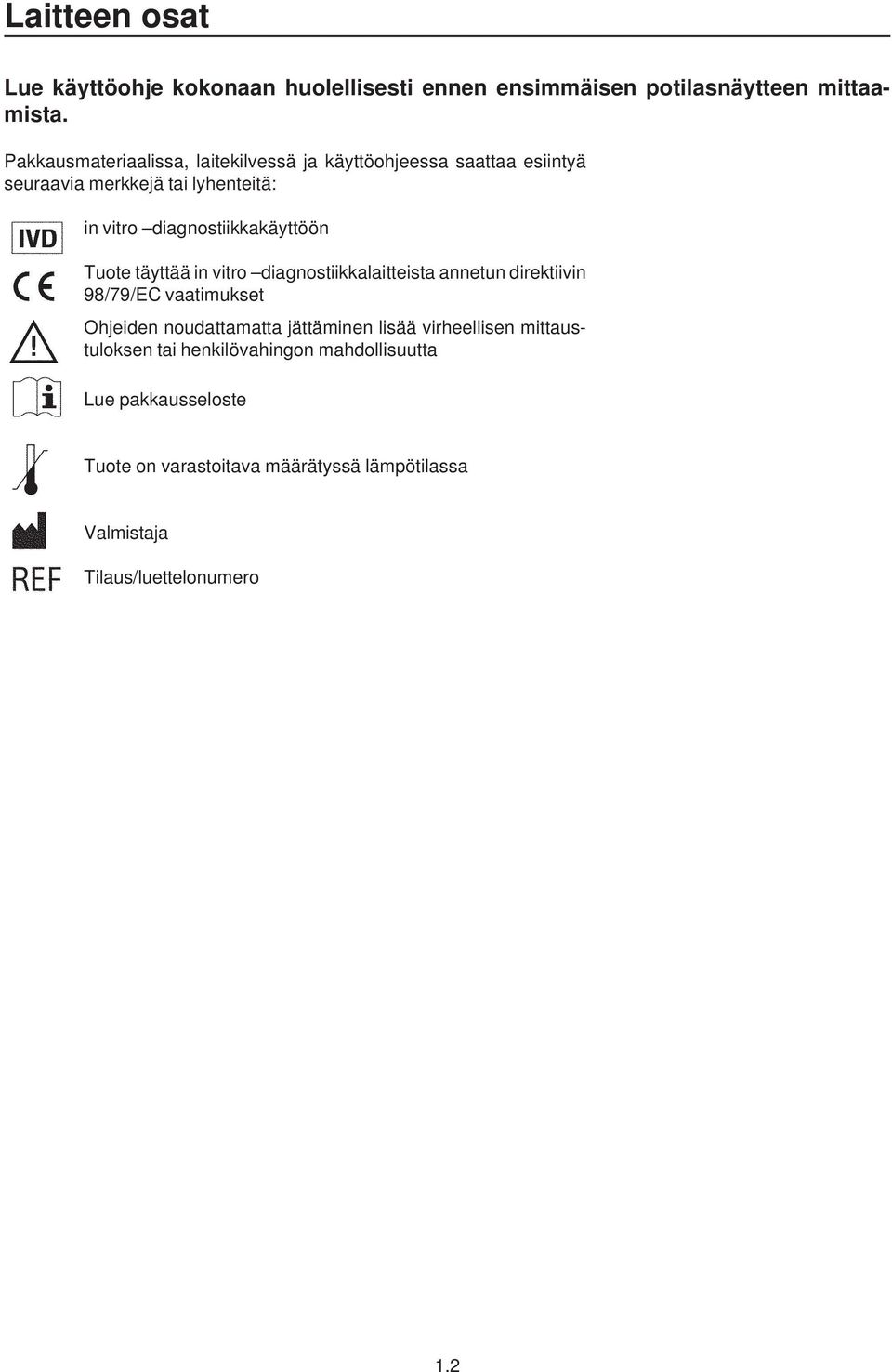 diagnostiikkakäyttöön Tuote täyttää in vitro diagnostiikkalaitteista annetun direktiivin 98/79/EC vaatimukset Ohjeiden noudattamatta